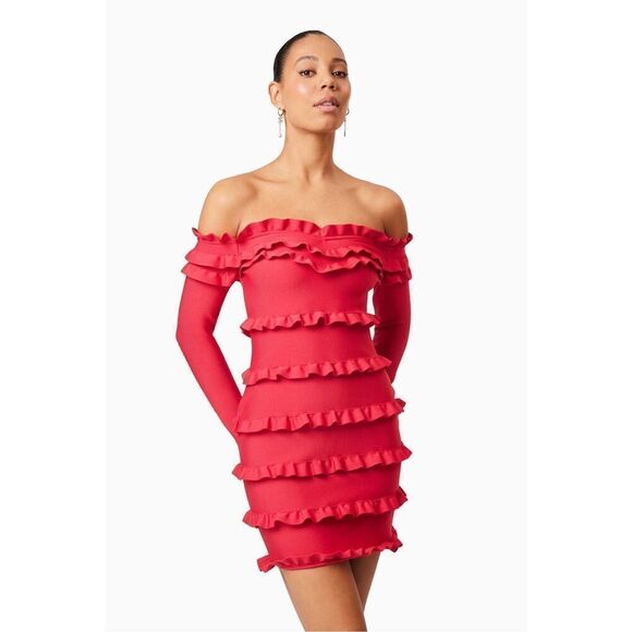 Elliatt Kimberly Long Sleeve Frill Mini Dress Red Party Cocktail size S NWT$389 - Picture 1 of 6